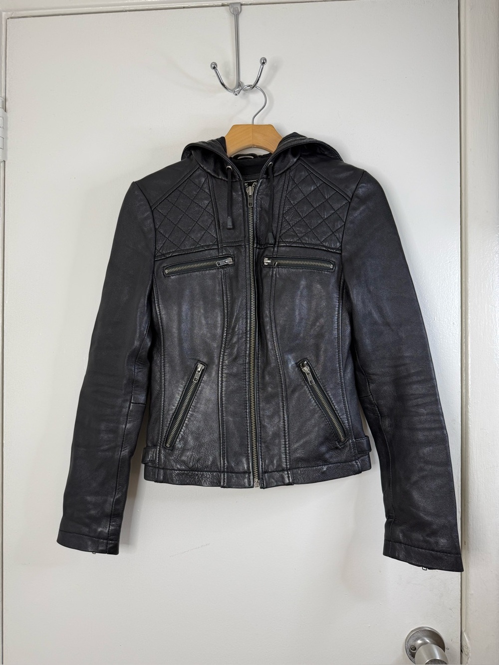 7th Ave. Black genuine leather, quilted, patch elbows, hooded Moto jacket. XS